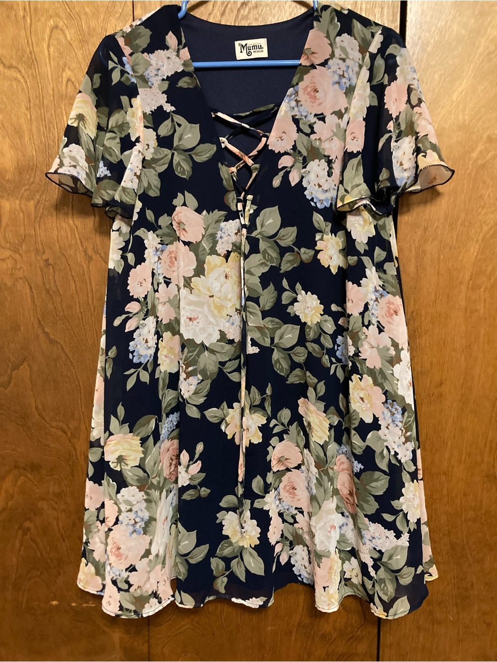 SMYM floral print A-line chiffon flowy mini babydoll dress lace up front